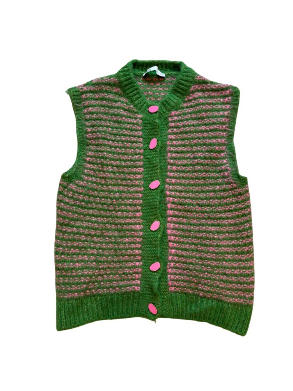 Zara Sweater Vest Green Pink Striped Button Front Small